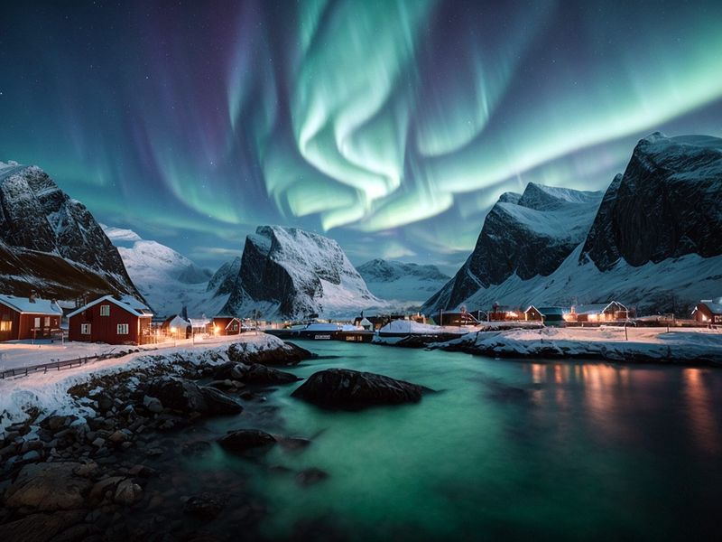 Aurora Borealis Over Hamnoy In Norway