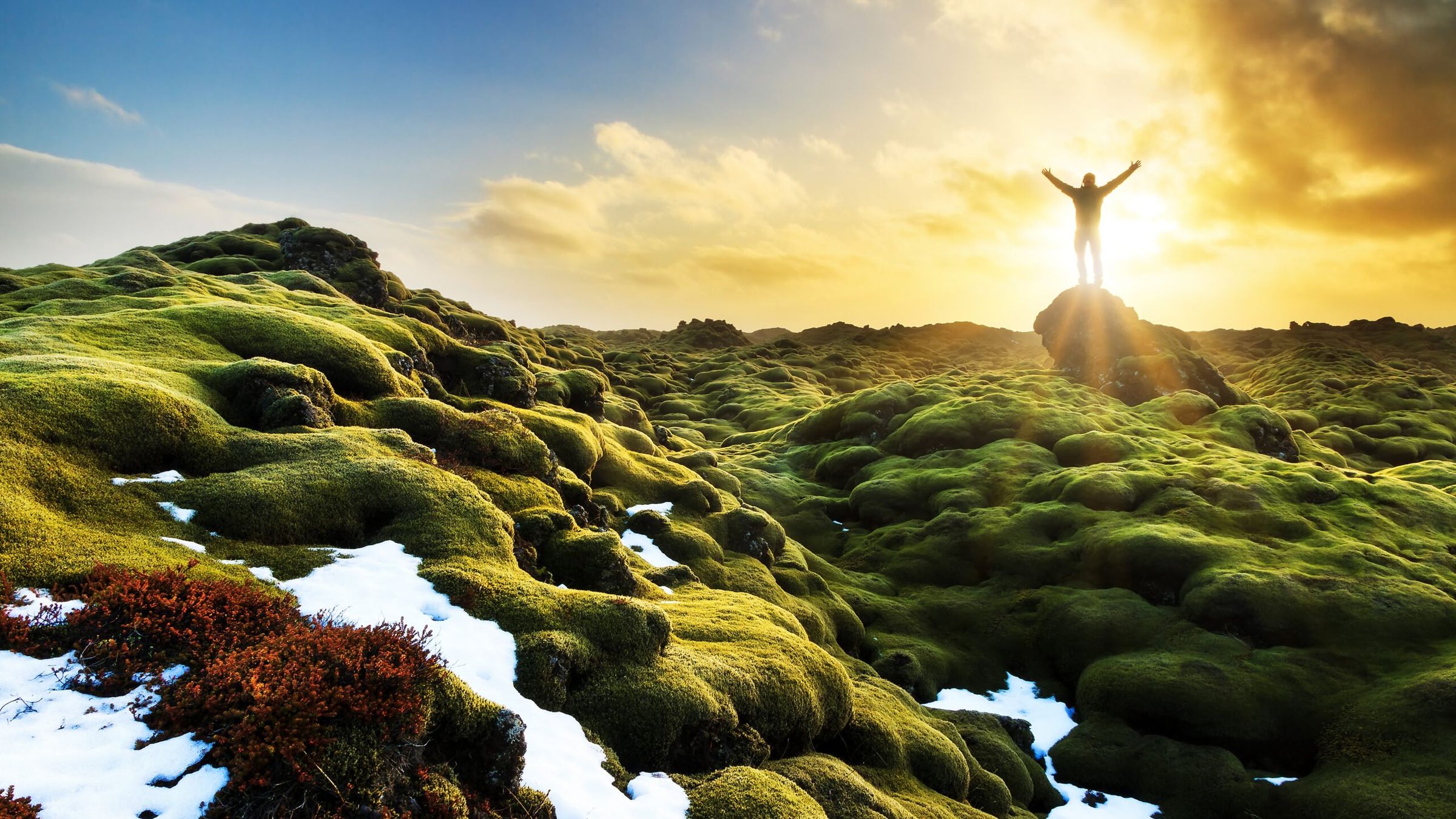 Beautiful Tourist Posing In The Amazing Volcanic Mossy Landscape Of